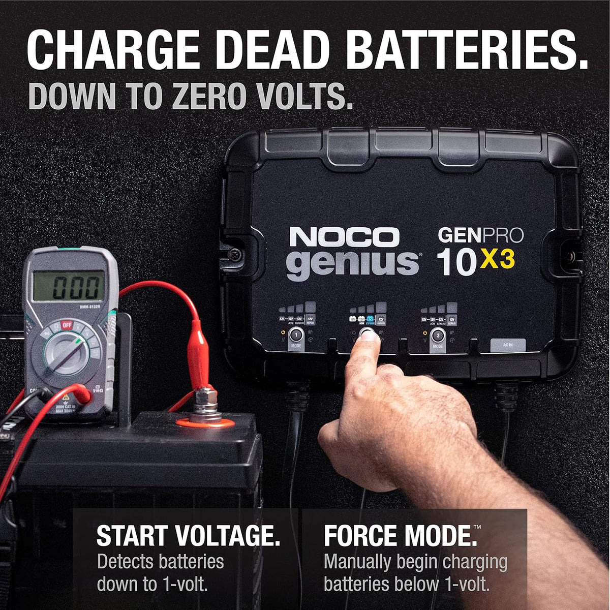 Three sets of batteries. 30-ampere built-in battery charger - Each set consists of 10-ampere. 12-volt waterproof marine charger. featuring overcharge protection and temperature compensation functions - Suitable for lead-acid batteries and lithium bat