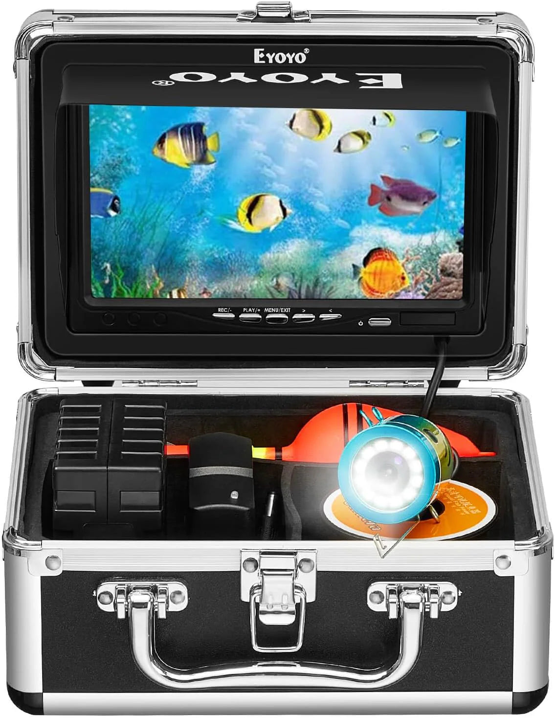 Underwater fishing photography and videography camera. underwater fish detector. fishing photography and videography camera on land/water/river/ice surface. 1000TVL resolution. 7-inch display screen. built-in 12 white lights. 15-meter long cable