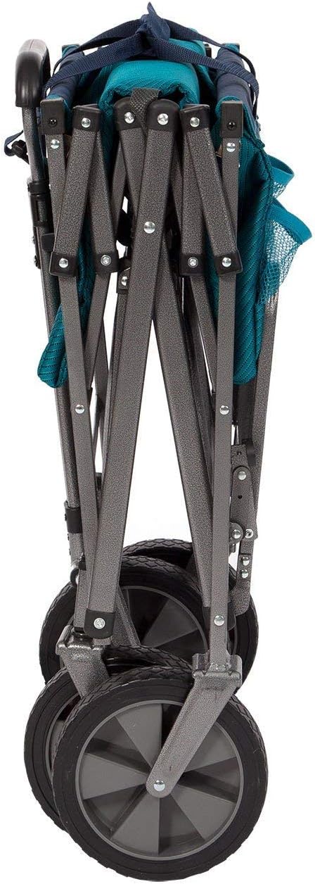 A foldable double-layer outdoor multi-functional truck. equipped with a long lower shelf. in blue-green color.