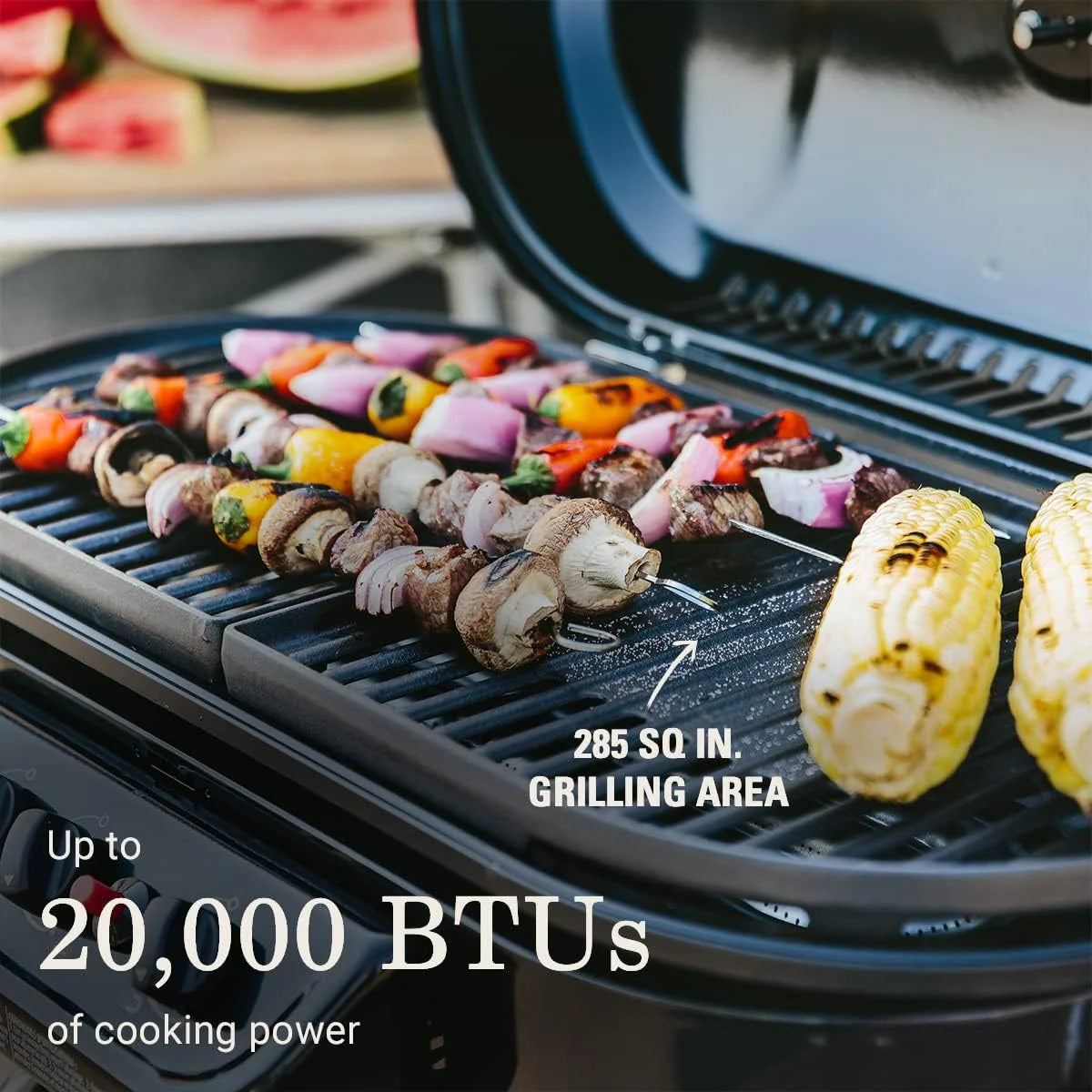 RoadTrip Portable Stand-Up Propane Grill with 3 Adjustable Burners & Instastart Ignition. 20.000 BTUs of Power for Outdoor Cooking