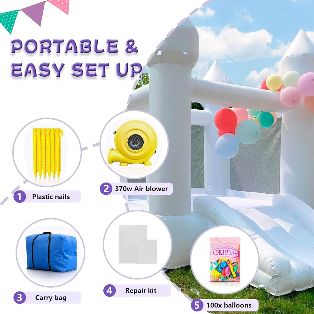 White Bounce House Indoor Outdoor Bouncy Castle for Kids 2-8 Oxford Toddler Bounce House with Slide Balloon & Blower.103 x 71 x 90 inch.Children's Birthday Party Easter Party Gifts