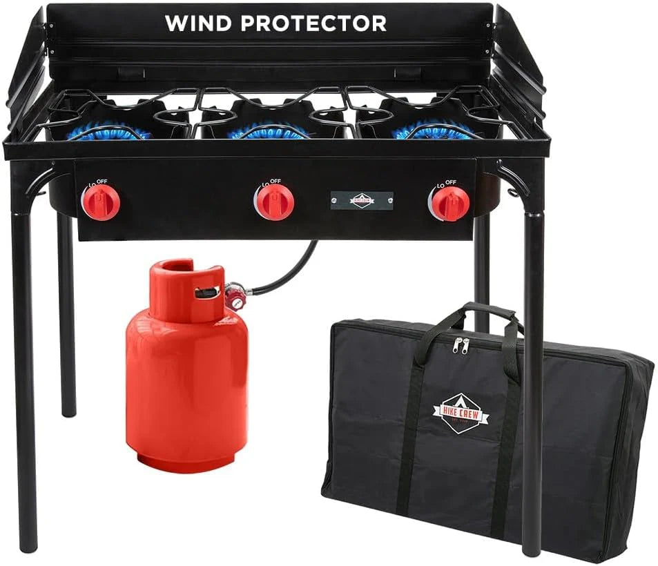 Dual-burner outdoor gas stove | 150.000 British thermal units portable propane stove. with blue flame control. detachable legs. temperature control knob. windproof panel. hose. regulator and storage box