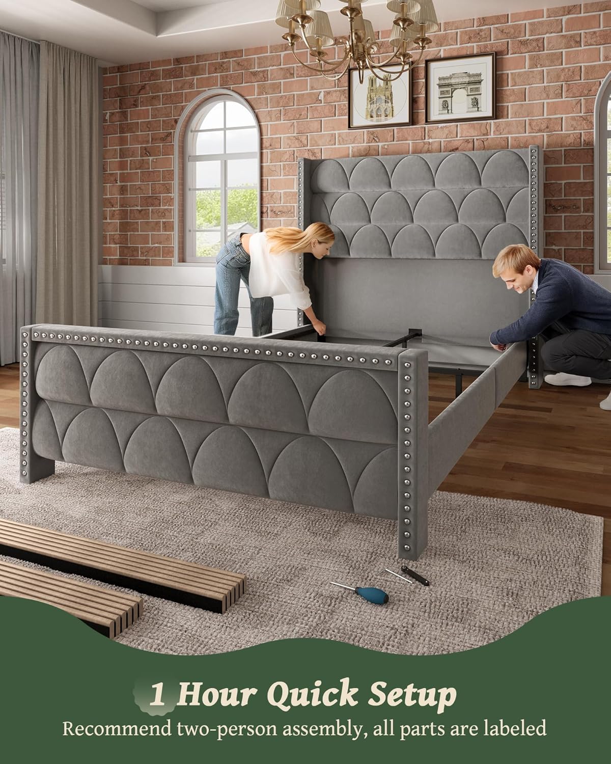 King Size Bed Frame with 56 Headboard - 1000LBS Capacity Support. Velvet Upholstered Wingback Platform Bed Frame. Noise Free. Sturdy Wooden Slat Support