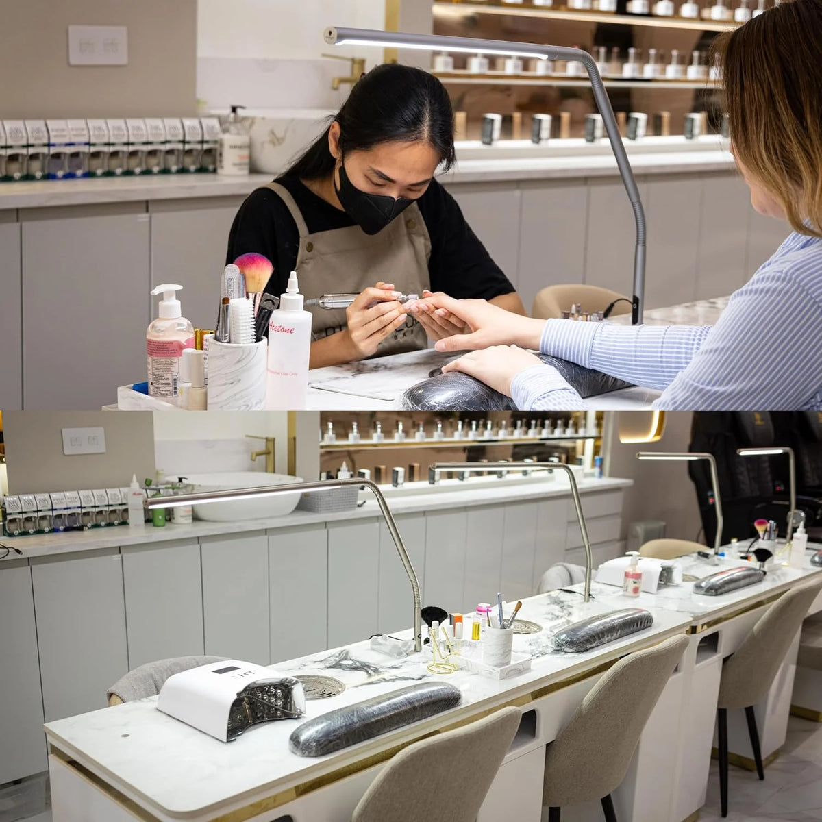 3200 lux brightness. 4 brightness adjustment modes. USB-C charging interface. anti-glare diffuser cover. flexible design. art and craftsmanship. sewing. nail salon application