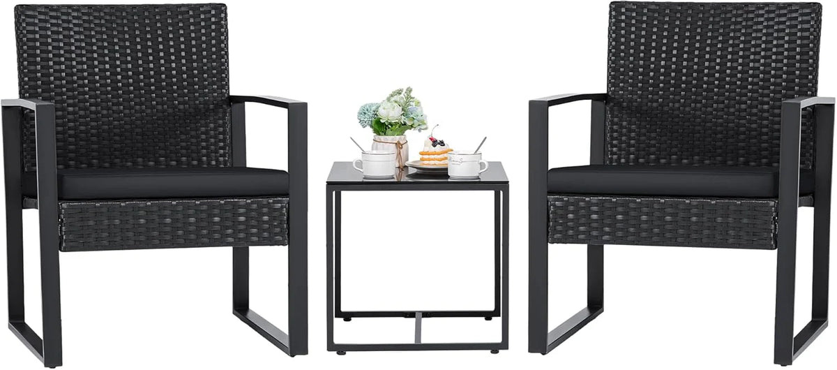3 Pieces Patio Set Outdoor Wicker Furniture Sets Modern Rattan Chair Conversation Sets with Coffee Table for Yard and Bistro (Black)