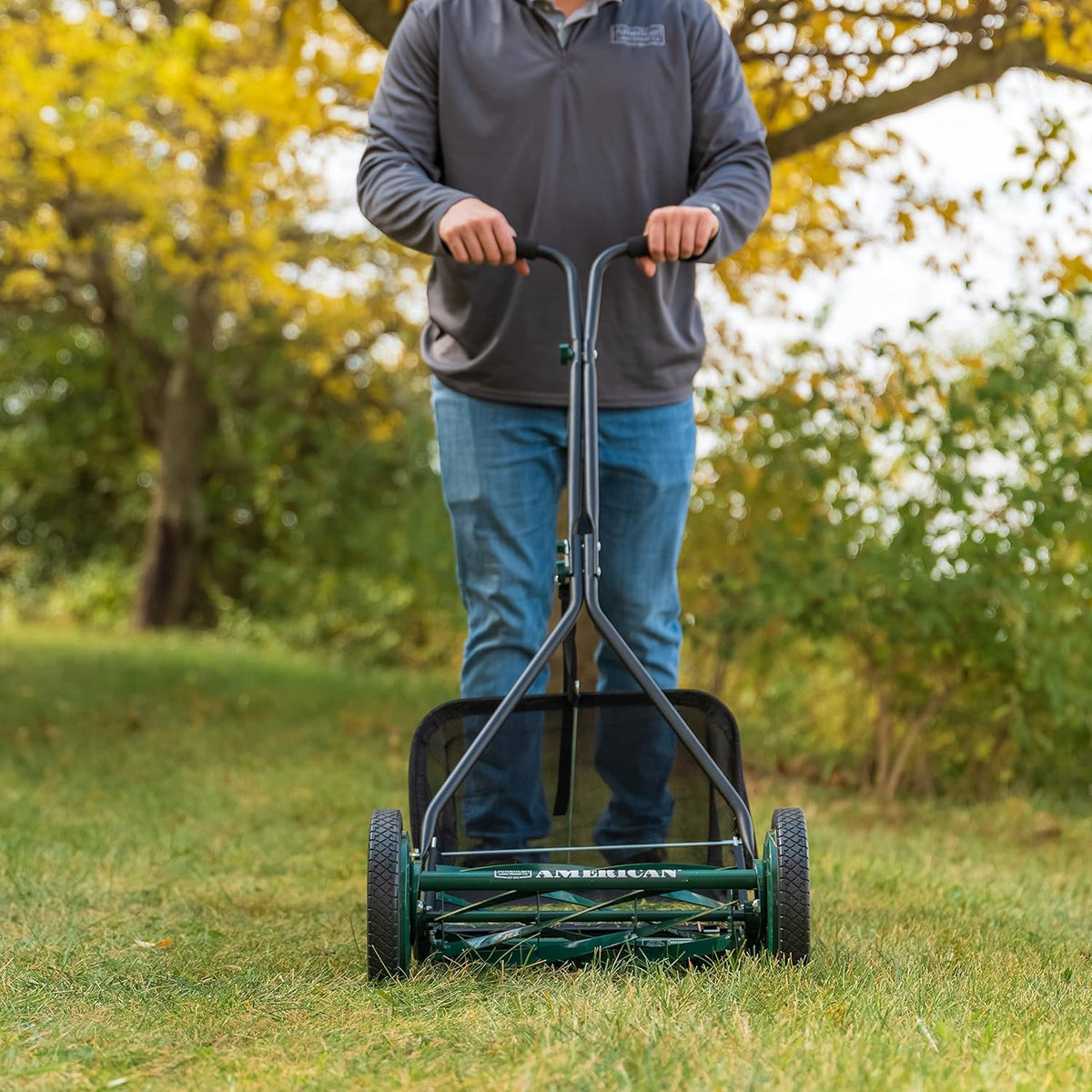 Mower Company 1725-16GC 16-inch 7-blade reel mower with grass debris collection device. designed specifically for lawns. green model
