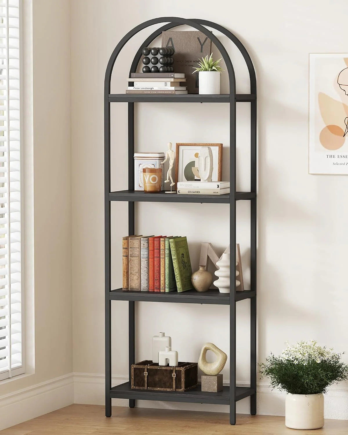 Yusong Bookshelf Rattan Arched Bookcase. 74 Tall Industrial Open Book Shelves for Living Room. Modern Freestanding Boho 5 Tier Display Storage Rack with Metal Frame. Office. Bedroom. Burlywood