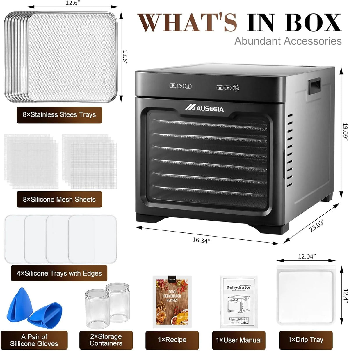 Commercial Large 12 Trays Food Dehydrator. Usable Area up to 22.67ft². 1200W Full Stainless Steel Dryer Machine. up to 190℉ Temperature. for Meat. Fruit. Veggies. Beef. Herbs. Pet Foods
