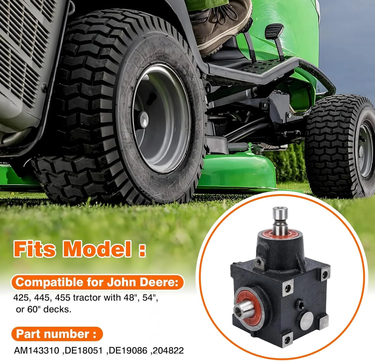 Grass mower chassis gearbox. compatible with John Deere 425. 445. and 455 tractors. suitable for 48-inch. 54-inch. and 60-inch grass mower chassis. replaceable