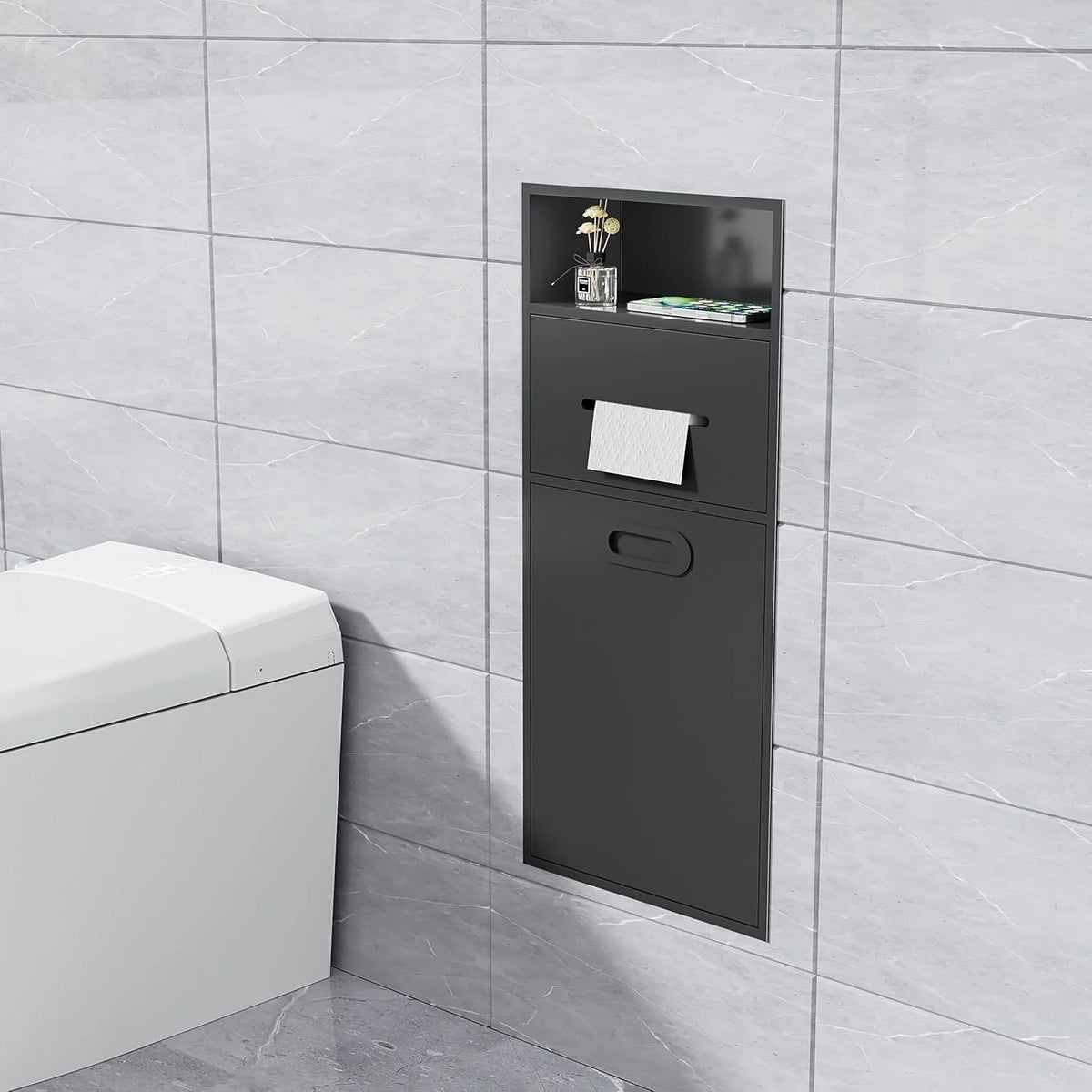 6.2 Gallon Bathroom Trash Can Tilt Out Trash Bin Cabinet. Hidden Trash Can Cabinet Recessed Wall Mounted Stainless Steel with Toilet Paper Holder for Bathroom/Bedroom/Office/Kitchen. Black