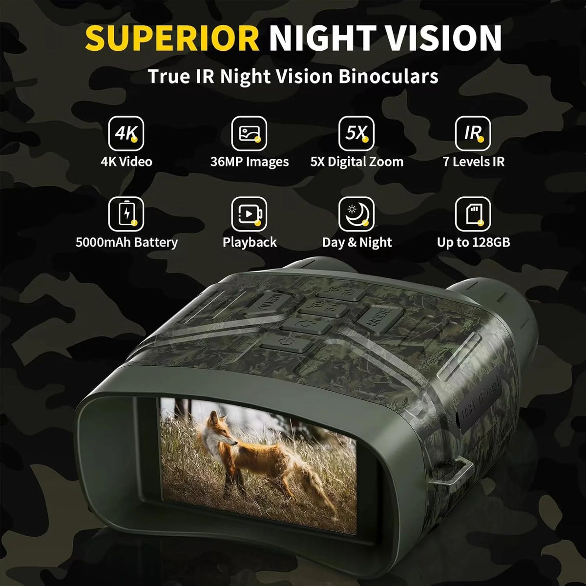 Night Vision Goggles - 4K Night Vision Binoculars with 5000mAh Rechargeable Battery. 32GB TF Card can Save Photo and Video. 3'' HD Screen for Camping & Security. Black