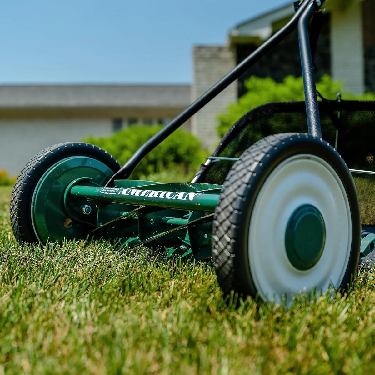 Mower Company 1725-16GC 16-inch 7-blade reel mower with grass debris collection device. designed specifically for lawns. green model