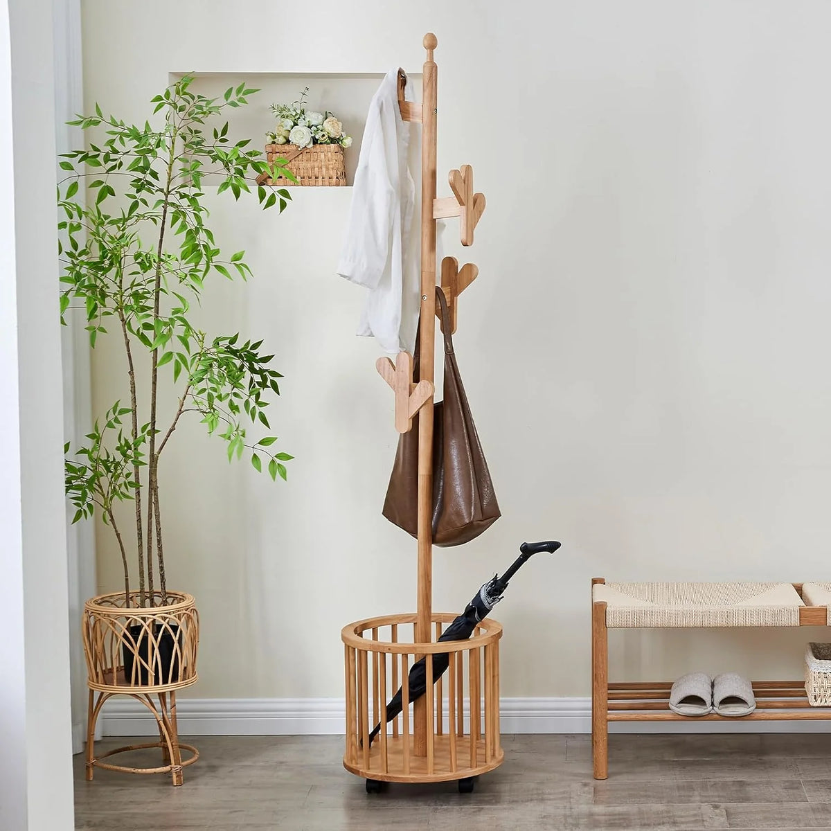 Wood Coat Rack Freestanding - Wooden Coat Tree Hat Rack with 12 Hooks. Clothes Coats Hanger Stand Rolling Racks with Umbrella Holder Wheels for Bedroom Entryway Hallway Livingroom (Walnut)
