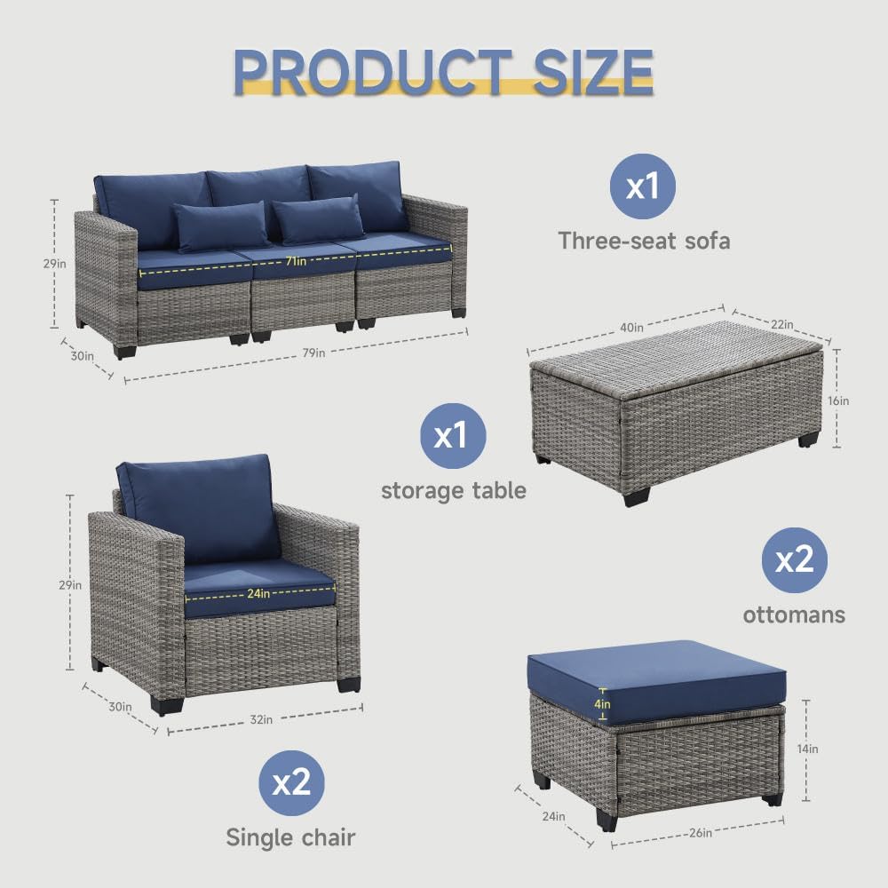 6 Pieces Outdoor Patio Furniture Sets with Furniture Cover. PE Rattan Wicker Patio Conversation Set with Tea Table (Peacock Blue. Rattan Storage Table)