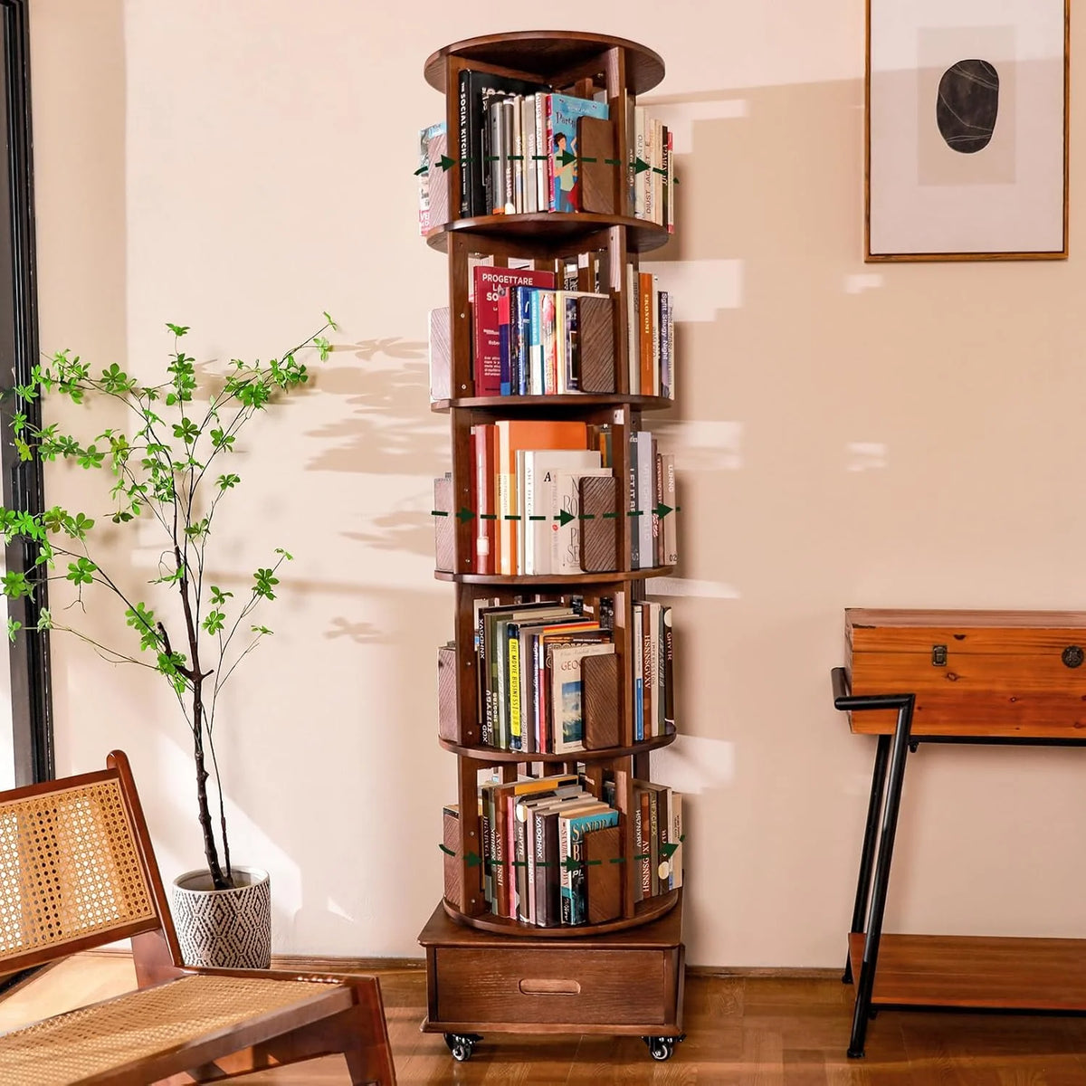 Solid wood rotating bookshelf. 360° display cabinet. with 1 drawer. rotating bookshelf tower with wheels. 72-inch high bookcase suitable for small spaces. rotating bookshelf for home office. walnut finish