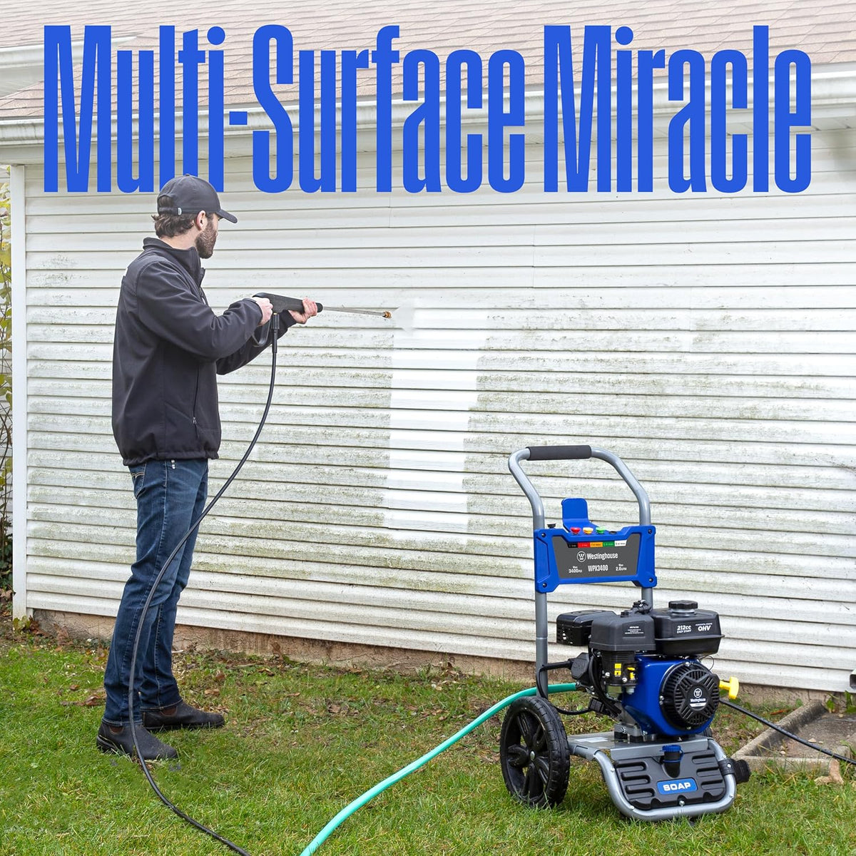 WPX3400 Gas Pressure Washer. 3400 PSI and 2.6 Max GPM. Onboard Soap Tank. Spray Gun and Wand. 5 Nozzle Set. for Cars/Fences/Driveways/Homes/Patios/Furniture