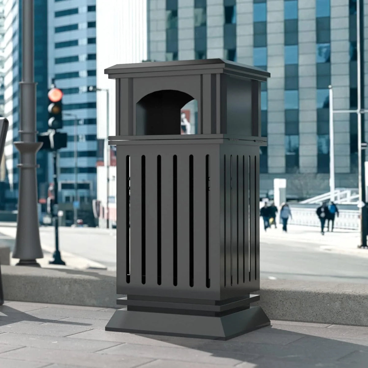 Outdoor trash bin top tray matte black stainless steel commercial waste storage box with lock cover. Heavy-duty industrial garden garage garbage container. dimensions: 35.5 * 15.8 * 15.8 inches.