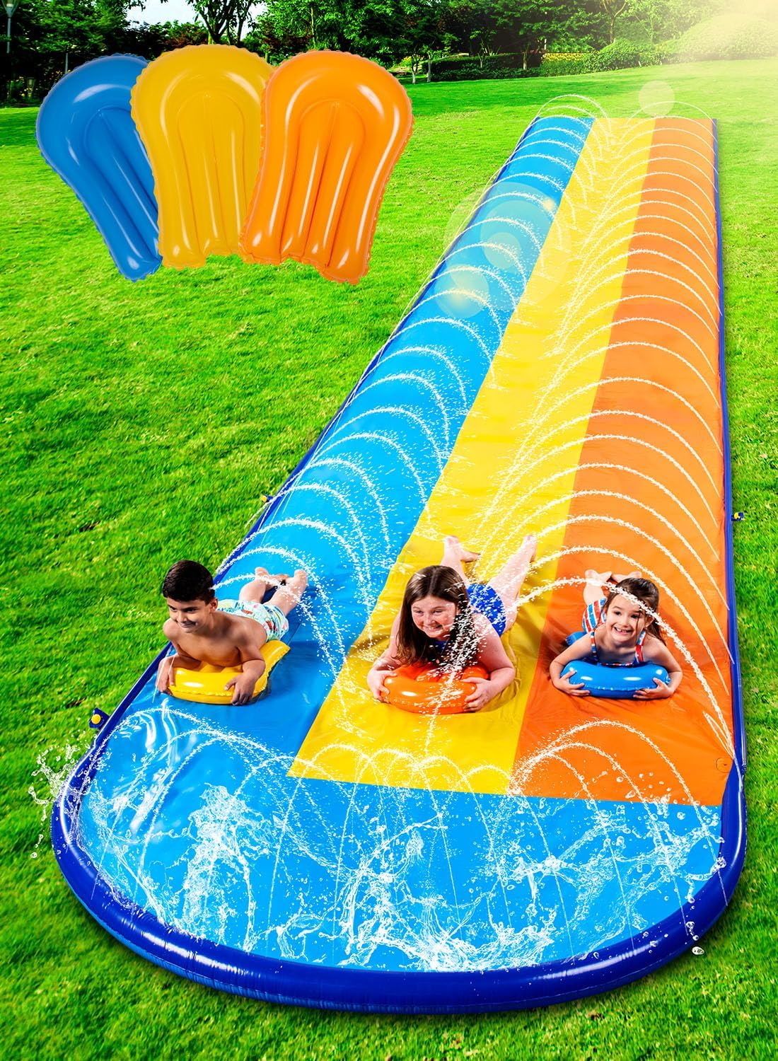 Sloosh Triple Water Slide with 3 BodyBoards. 22.5FT Lawn Water Splash Slip and Slide Summer Toy Splash Pad with Build in Advanced Sprinkler for Kids Adults Backyard Summer Water Fun
