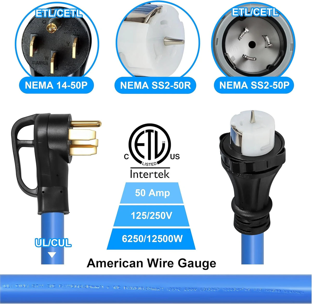 50 Amp Generator Cord and Pre-Drilled Power Inlet Box. Generator Cords 50FT. 50 Amp 125V/250V Generator Power Cord. NEMA 14-50P / SS2-50R Twist Lock Connector