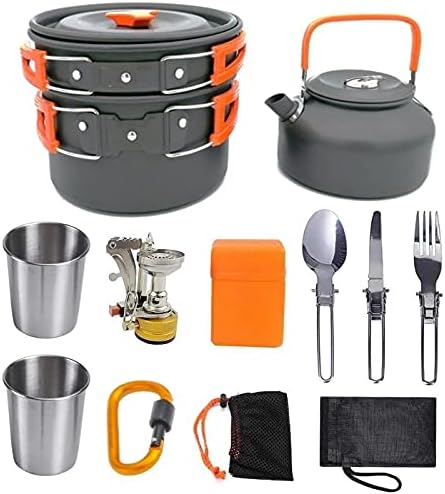 Camping cooking set - picnic cooking pot set - outdoor hiking and barbecue tableware set - camping travel supplies set including frying pan. water jug and stove