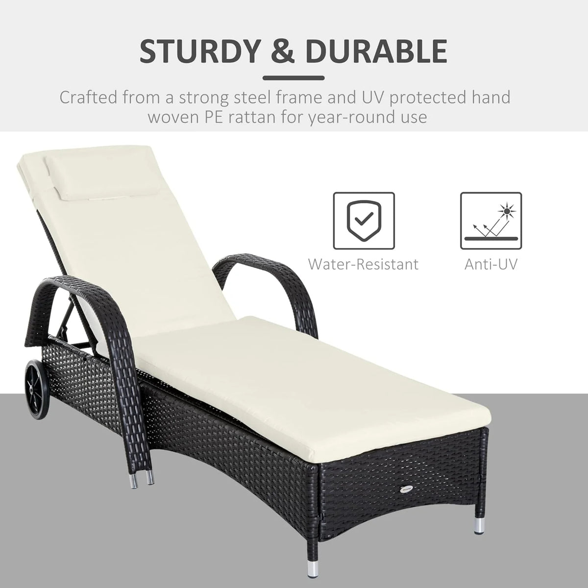 Wicker Outdoor Chaise Lounge. 5-Level Adjustable Backrest PE Rattan Pool Lounge Chair with Wheels. Cushion & Headrest. Brown and Dark Blue