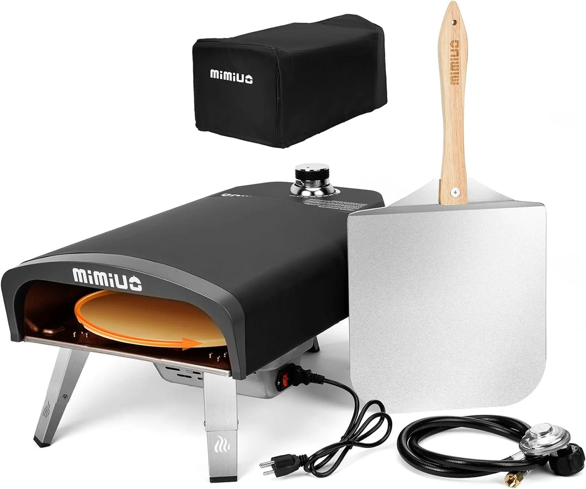 Outdoor gas pizza oven. portable propane pizza grill. equipped with an automatic rotation system and pizza stone