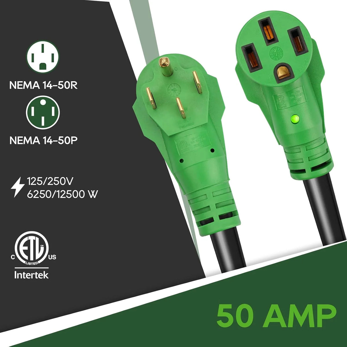 50 Amp 50 Foot RV/EV Extension Cord. NEMA 14-50P/R Heavy Duty Extension Cord with LED Power Indicator and Cord Organizer. Green. ETL Listed