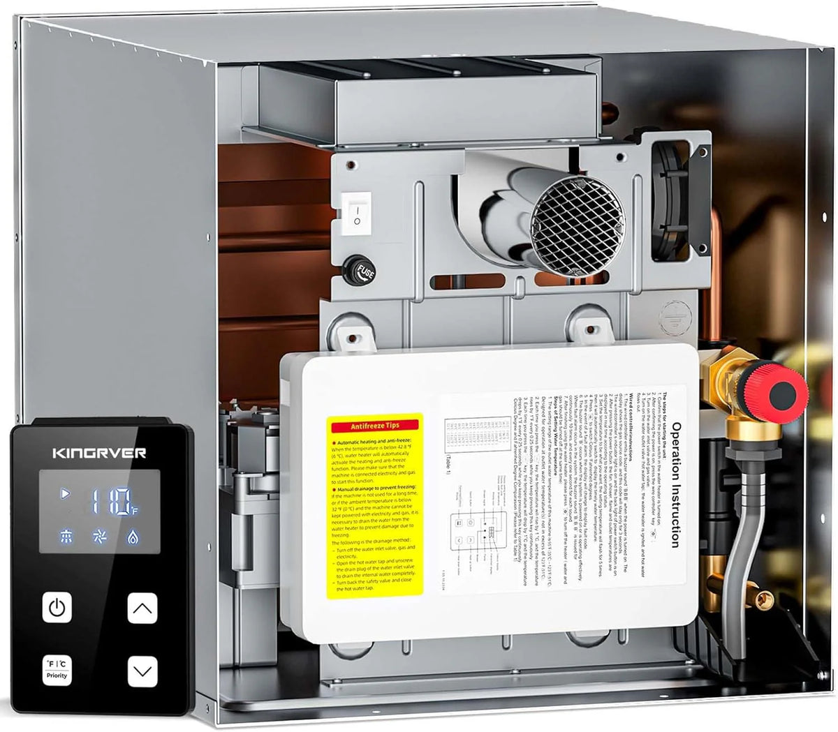 RV Tankless Water Heater without Door. . Propane Gas. DC 12V. 3 Optional Door Sizes 15x15. 15x18 and 18x18 for Refitment. Compatible with All RVs. Sufficient Power. High Altitude