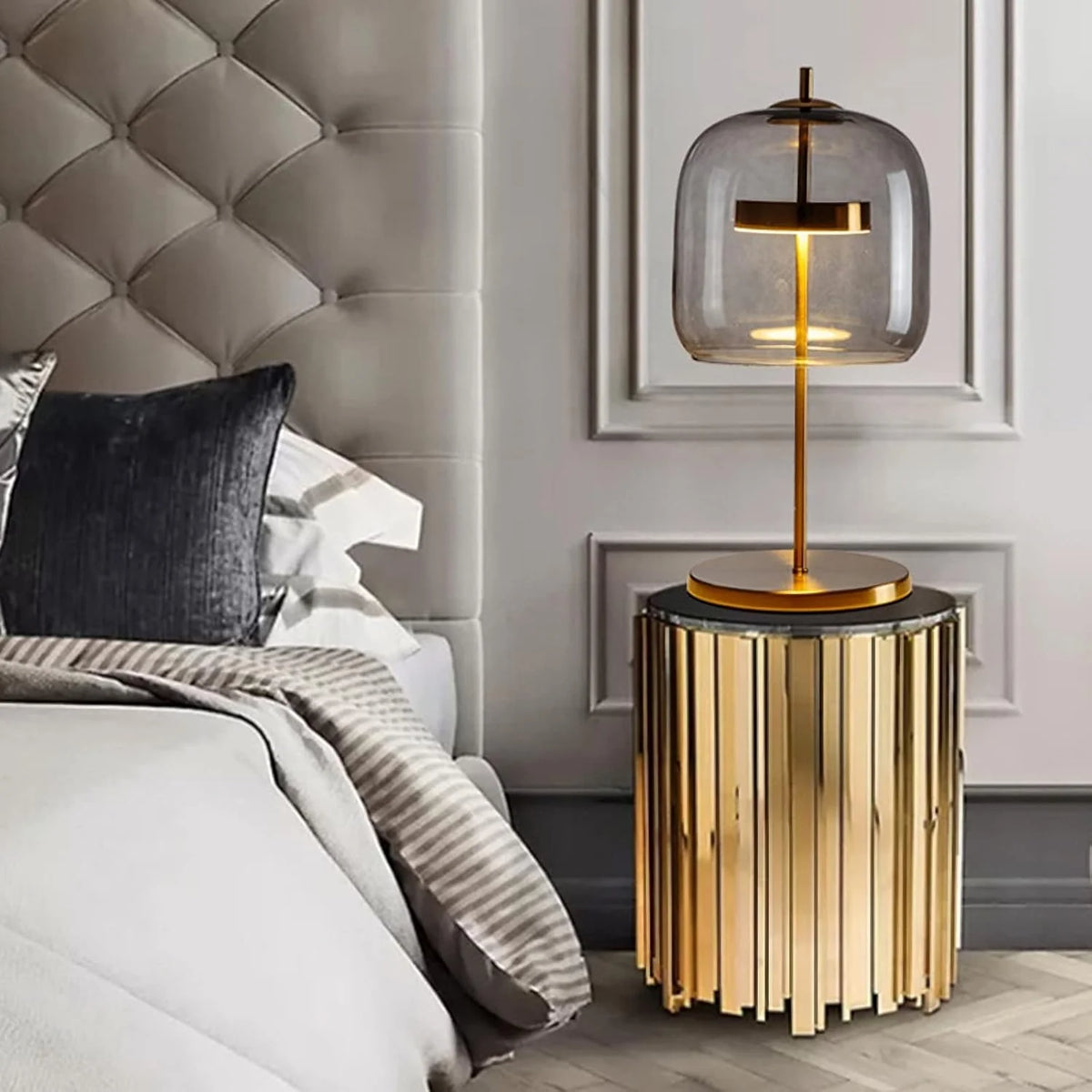 The amber desk lamp. the golden bedside lamp. the round bedside lamp for bedrooms and living rooms with a forged iron base. the glass lampshade and the LED bulb are all fully equipped.