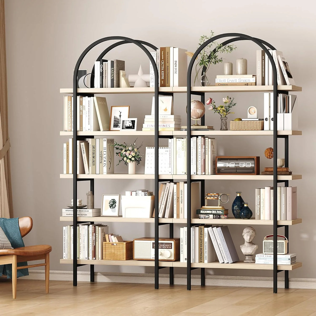 Yusong Bookshelf Rattan Arched Bookcase. 74 Tall Industrial Open Book Shelves for Living Room. Modern Freestanding Boho 5 Tier Display Storage Rack with Metal Frame. Office. Bedroom. Burlywood
