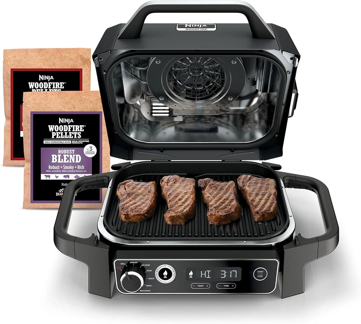 The wood-fire professional outdoor grill is equipped with an internal thermometer. It is a 7-in-one multi-functional grill. a barbecue smoker. an outdoor air fryer. featuring baking. roasting. dehydrating and grilling functions. It adopts the wood-fi
