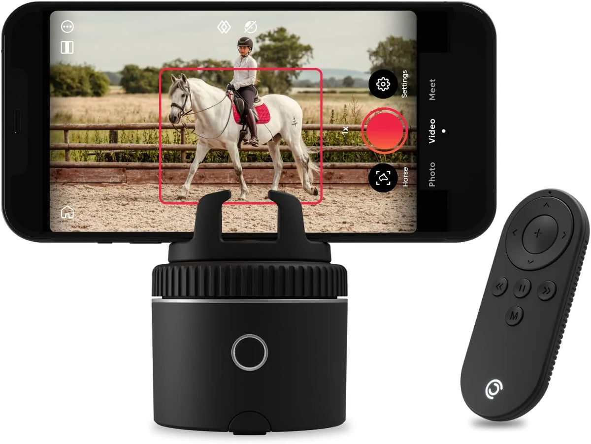 Equestrian silver base set. automatic facial recognition. body recognition. horse mobile tracker. AI-driven 360-degree rotation function. remote control video recording device without manual operation. suitcase and tripod