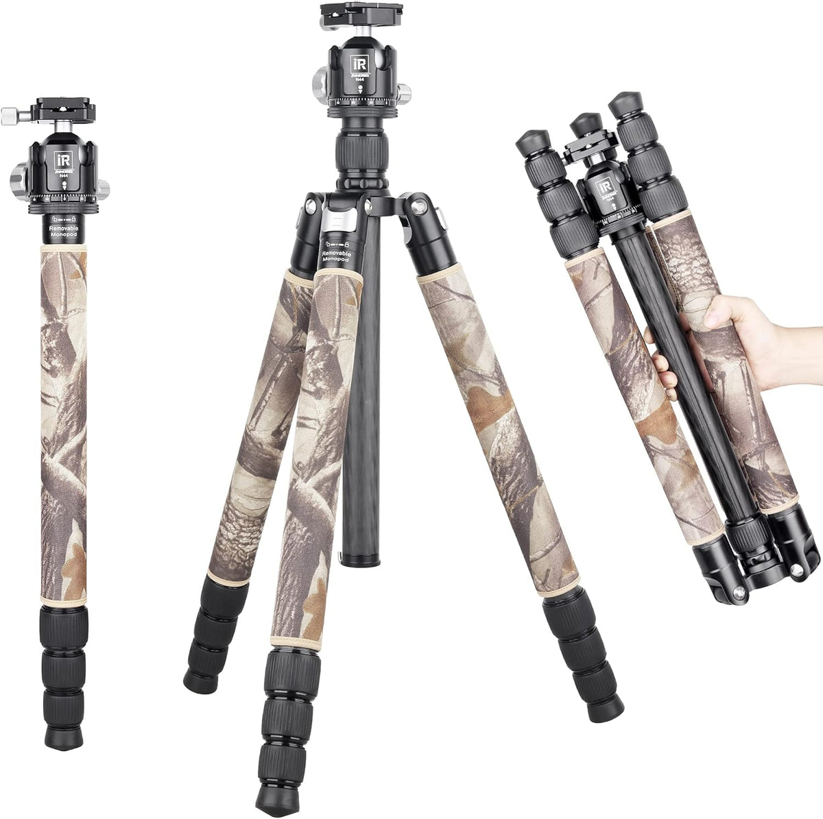 Super professional bracket. with low center of gravity. featuring low gravity effect. 360-degree rotating panoramic spherical connector. and green camouflage leg covers. suitable for digital single-lens reflex cameras.