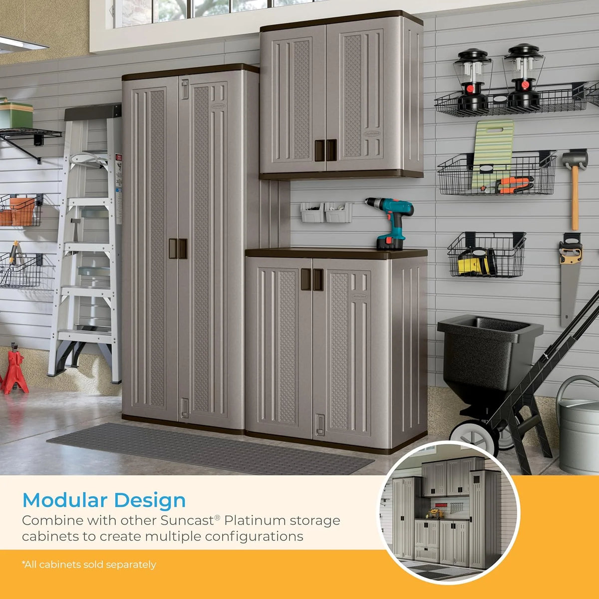72-Inch Platinum Resin Storage Cabinet with Durable Double-Wall Construction. and Metal-Reinforced Shelves for Basement. Utility Room and Garage Storage. Platinum. Made in the USA