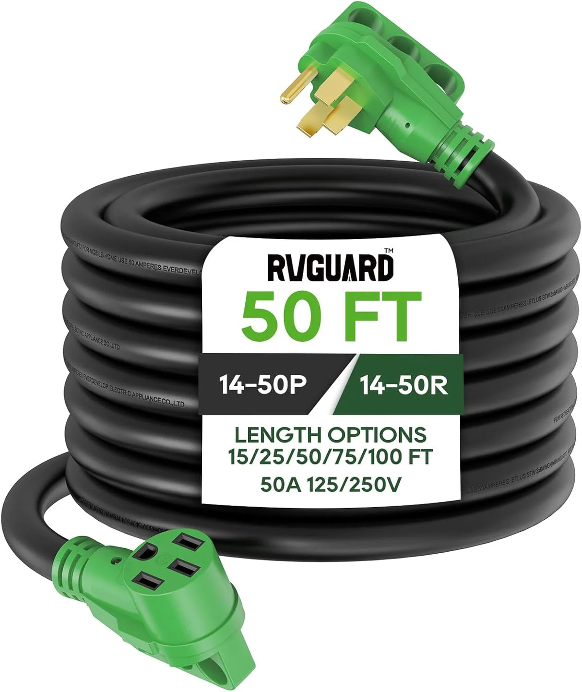 50 Amp 50 Foot RV/EV Extension Cord. NEMA 14-50P/R Heavy Duty Extension Cord with LED Power Indicator and Cord Organizer. Green. ETL Listed