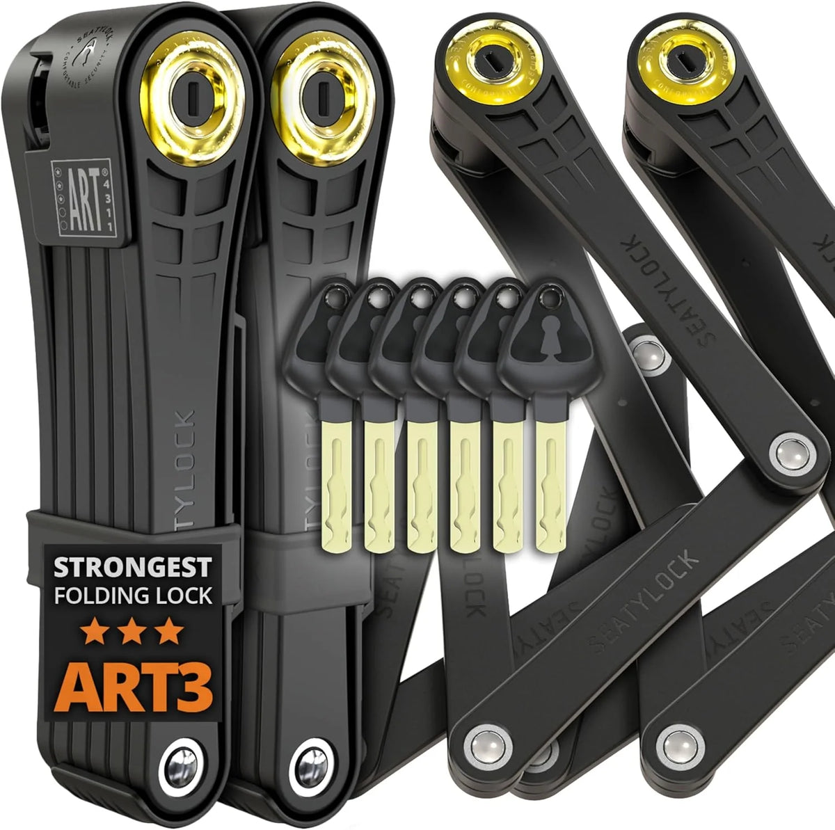 Jiu-style folding bicycle lock set - Patent technology. consisting of two sets of perfectly matching bicycle locks. each set equipped with 6 identical keys - 18/18 level heavy-duty anti-theft security protection device. with key and shell fixation de