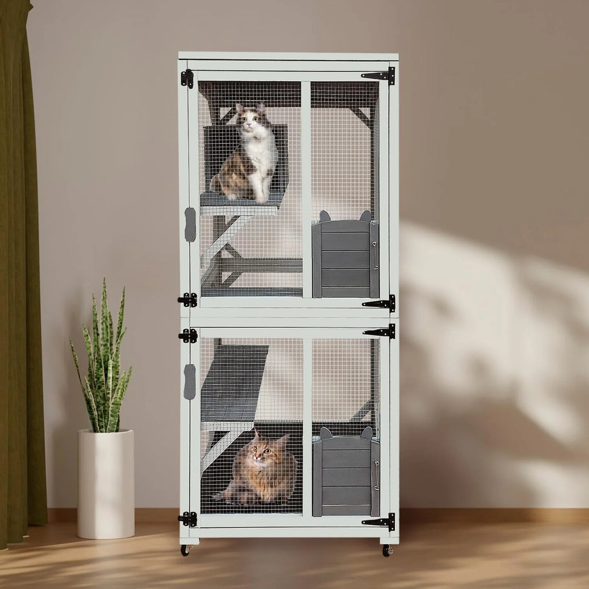 62.6-inch wooden outdoor cat house. large cat cage room. equipped with 7 platforms. 2 rest boxes and a rainproof roof. suitable for multiple pets to use. Step-in cat apartment shelter. white model