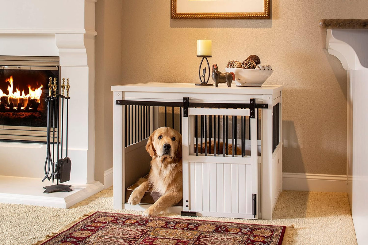 Farm sliding cowshed door furniture-style dog cage - antique white. large size. Unique style. durable and sturdy. Removable seat cushion. Easy to assemble.