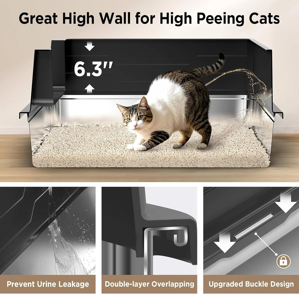 Stainless steel litter box. three-in-one enclosed high-sided litter box. equipped with a high lid. suitable for cats. anti-stick. anti-leak. easy to clean. with a scoop and filter step.