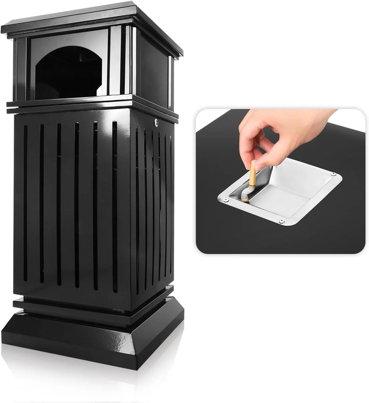 Outdoor trash bin top tray matte black stainless steel commercial waste storage box with lock cover. Heavy-duty industrial garden garage garbage container. dimensions: 35.5 * 15.8 * 15.8 inches.