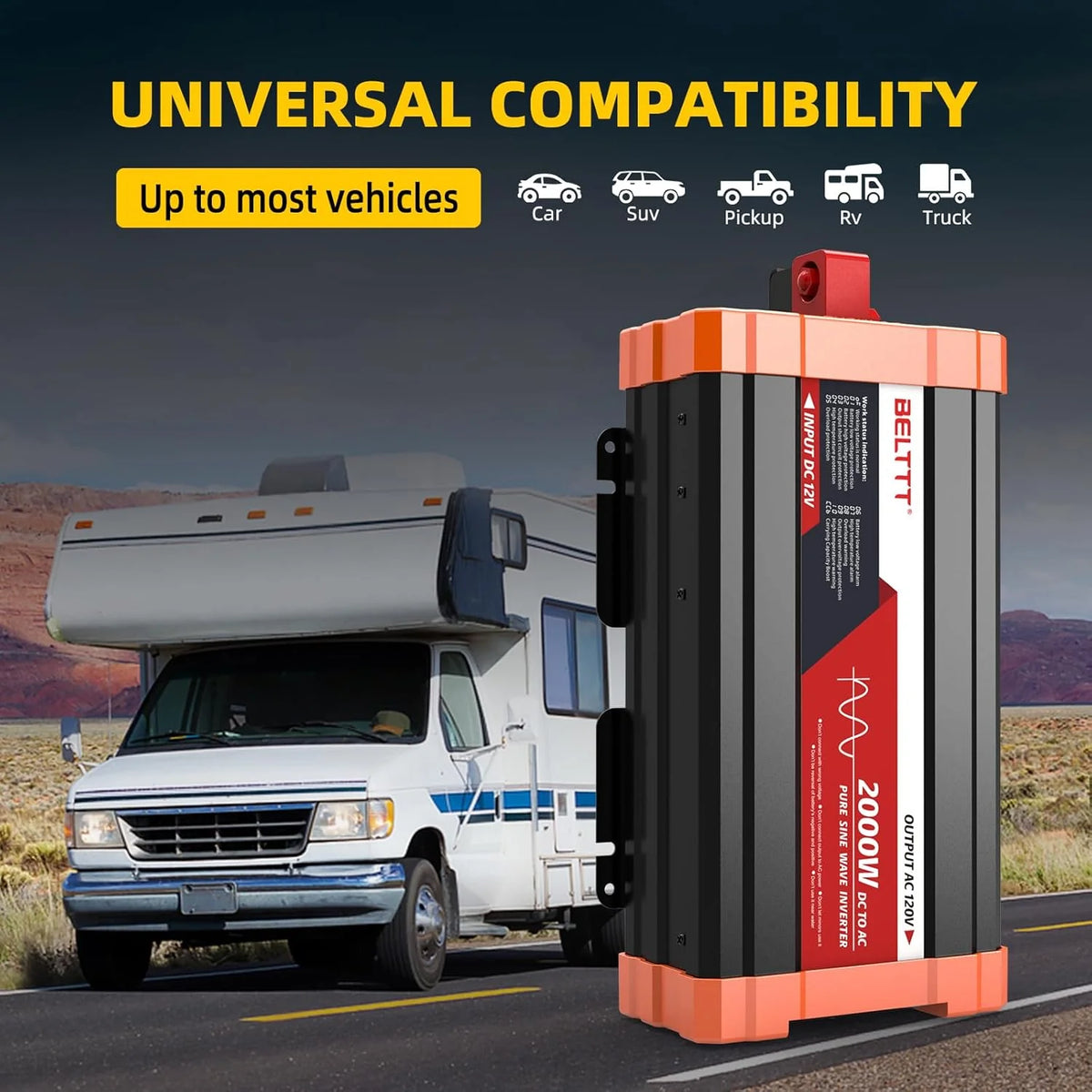 2000W Pure Sine Wave Inverter. Car Power Inverter 12V to 120V AC Converter for RV. Truck. Solar. Outdoor with Dual AC and 20A Socket. 5V 2.1A USB. Surge 4000W. Hardwire Port. Remote Controller