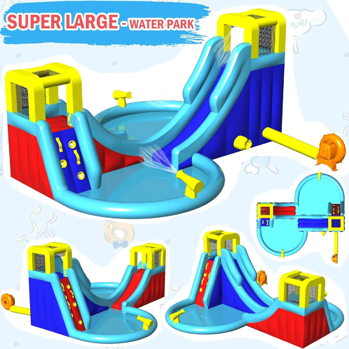 Inflatable Water Slide. 6 in 1 Outdoor Inflatable Water Park with Climbing. Basketball Rim. Splash Pool. Water Cannon. Blow up Water Slides for Kids Backyard