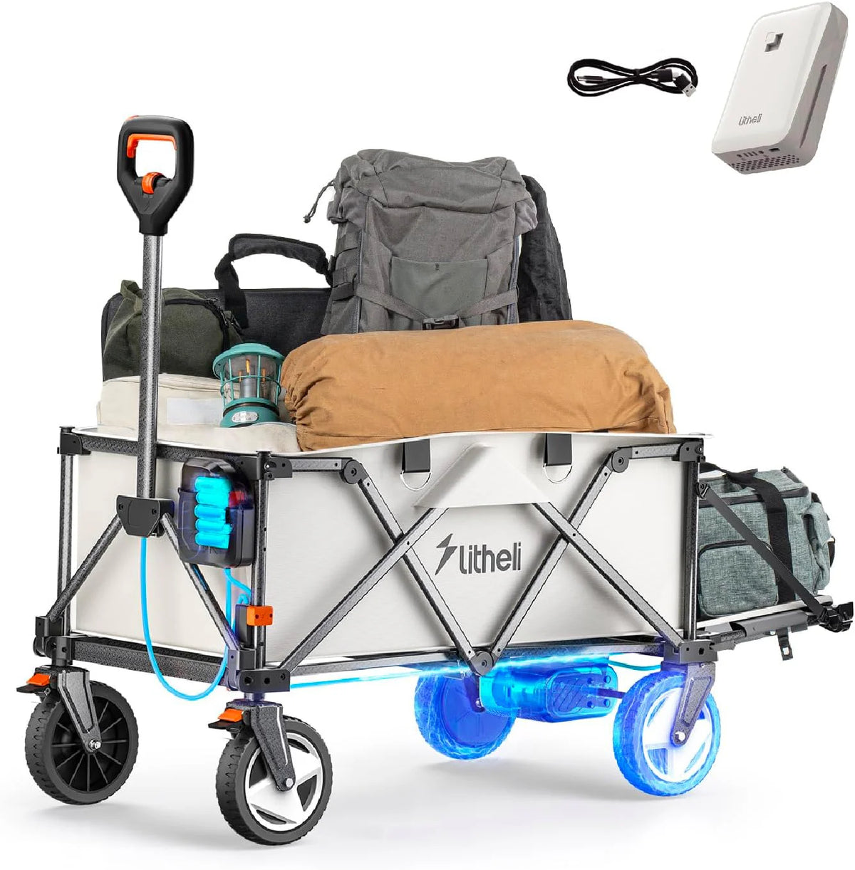 Utility truck. with a capacity of 200 liters and a load capacity of 300 pounds. featuring a foldable heavy-duty design. equipped with all-terrain wheels. featuring variable speed drive and battery power functions. suitable for camping. beaches. garde