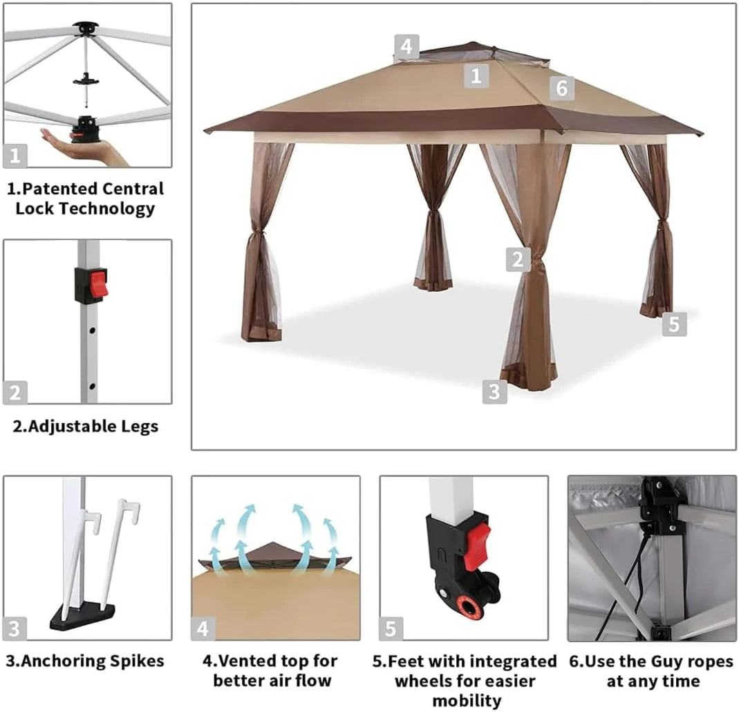 CROWN SHADES 13x13 Pop Up Gazebo. Canopy Tent. Gazebos on Clearance - Outdoor Gazebo for Backyard & Patio Furniture - Carpa Pop Up Tent with Wheeled STO-N-Go Cover Bag (Beige & Coffee)