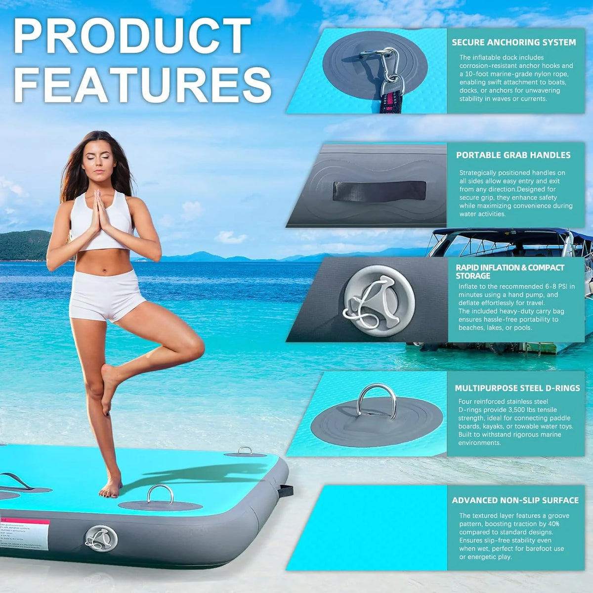 Inflatable Floating Dock Air Dock Platform Floating Island Raft with None-Slip Surface for Pool Beach Ocean