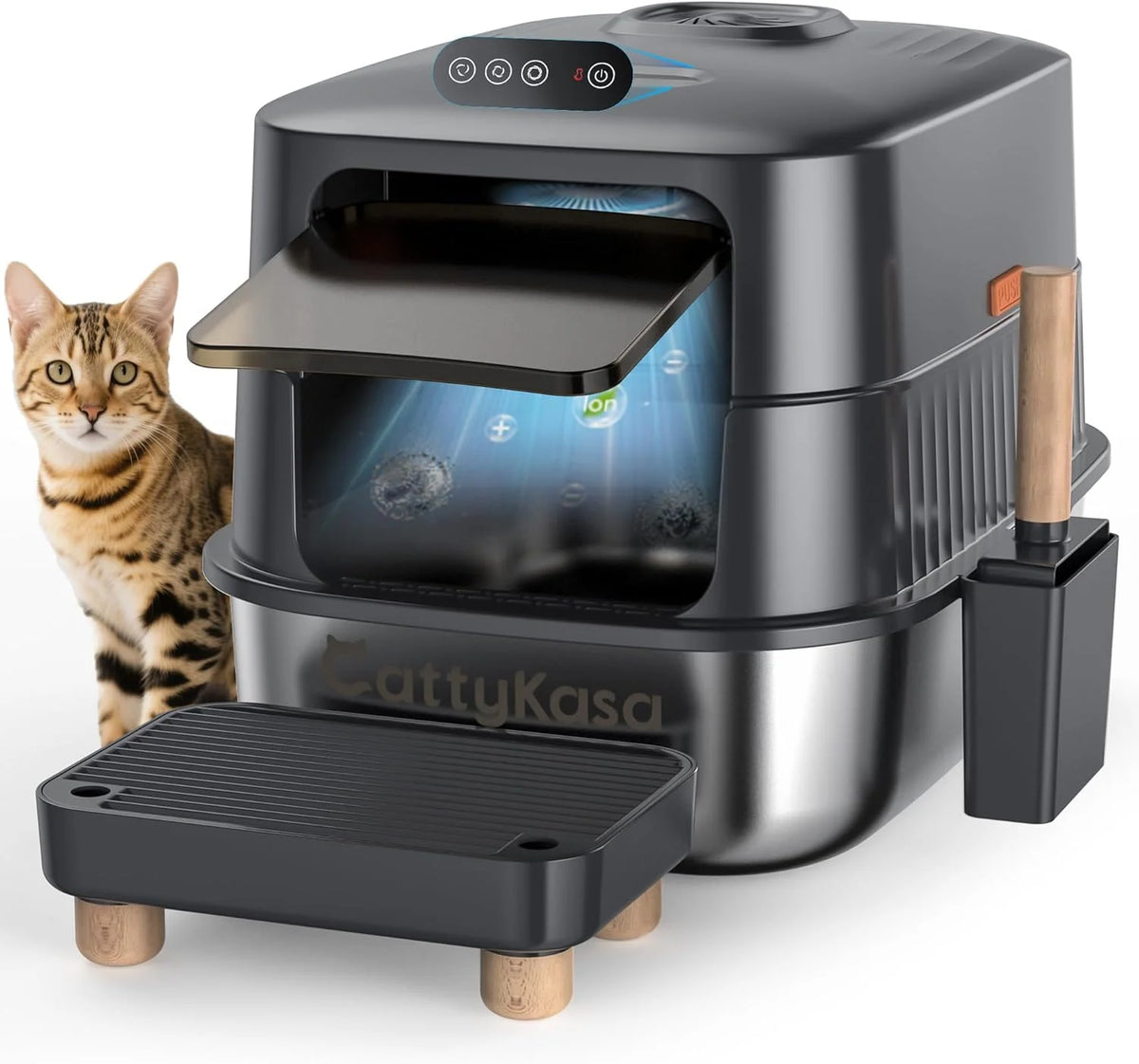 Stainless steel litter box. three-in-one enclosed high-sided litter box. equipped with a high lid. suitable for cats. anti-stick. anti-leak. easy to clean. with a scoop and filter step.