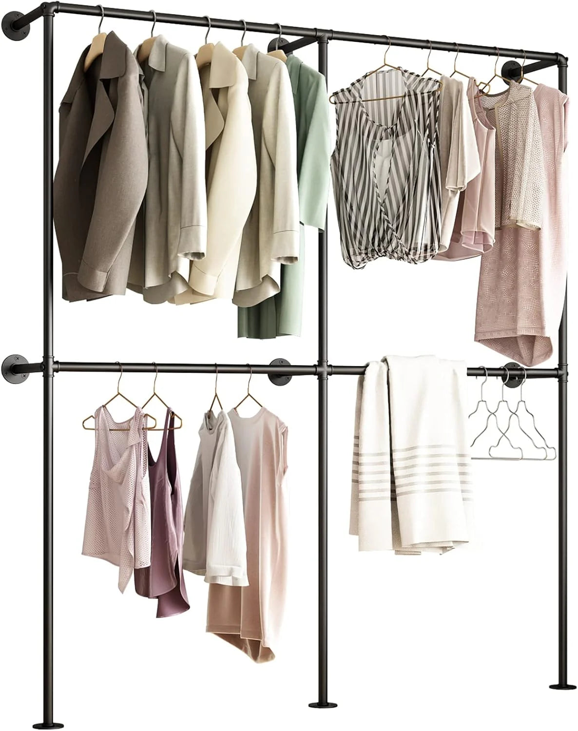 Industrial-style wall-mounted pipe clothes hanger. wall-mounted clothes hanger with double hanging rods. for closet storage (gold)
