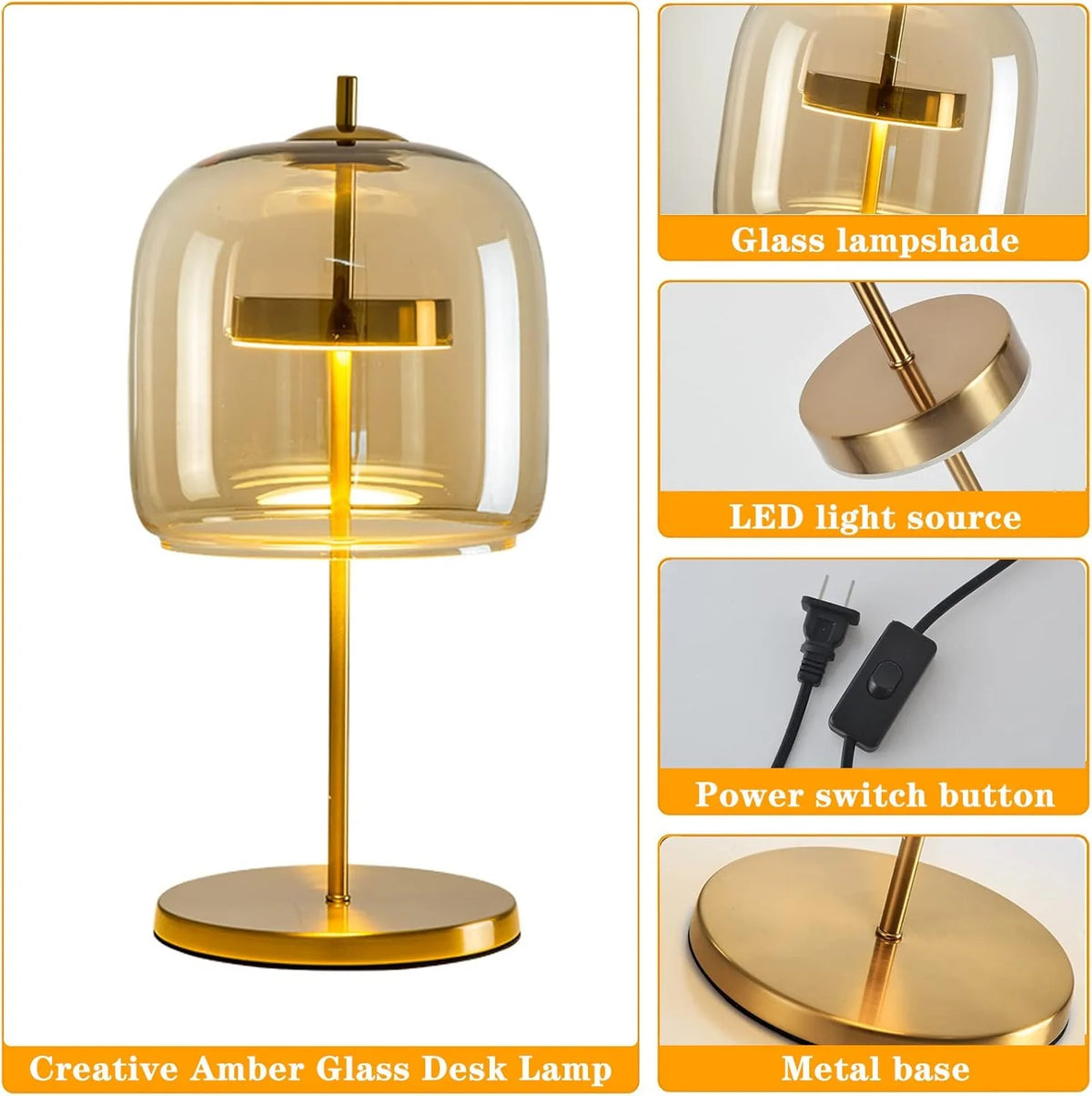 The amber desk lamp. the golden bedside lamp. the round bedside lamp for bedrooms and living rooms with a forged iron base. the glass lampshade and the LED bulb are all fully equipped.