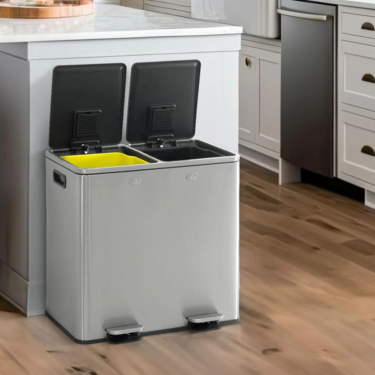 CAPHAUS Dual Trash Can with Double Lid. Trash and Recycle Bins Combo. Hands-free Stainless-Steel Garbage Can for Kitchen. with 2 Compartment. Hinged Lid. Odor Filters. Handles. 25L+25L. 2 x 6.6 Gallon