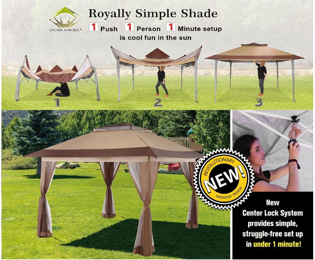 CROWN SHADES 13x13 Pop Up Gazebo. Canopy Tent. Gazebos on Clearance - Outdoor Gazebo for Backyard & Patio Furniture - Carpa Pop Up Tent with Wheeled STO-N-Go Cover Bag (Beige & Coffee)